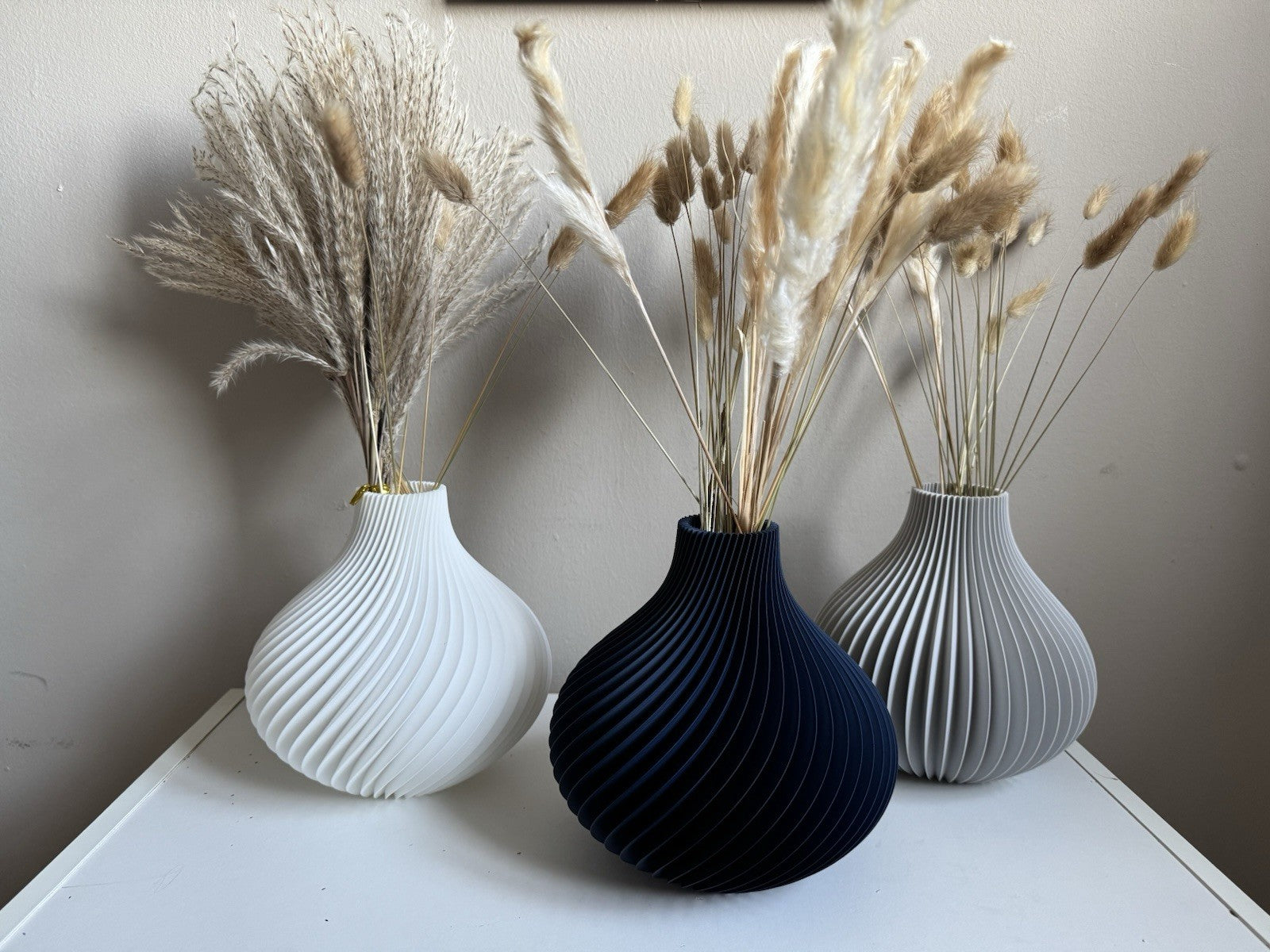 Decorative Vase Set of 3 Modern Ribbed| Minimalist Home Decor Grey, White & Navy