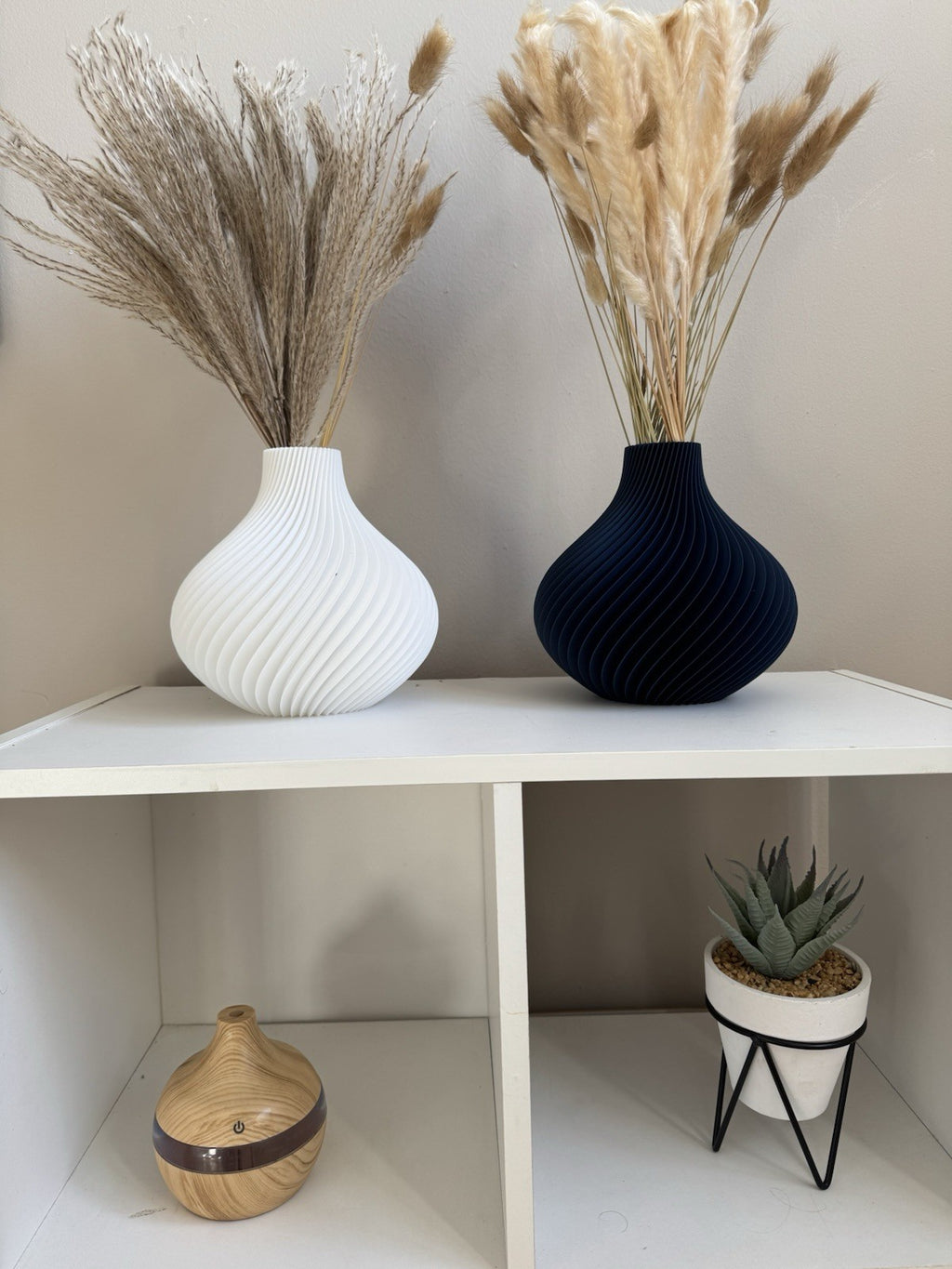 Modern Spiral Vase Set of 2 – White & Navy Decorative Vases | Home Decor
