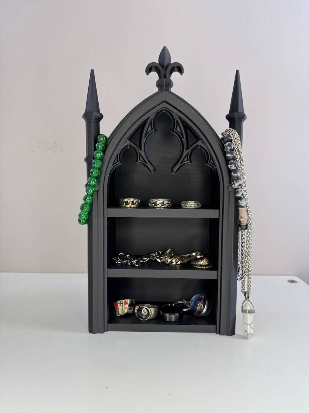 Gothic Cathedral Jewellery Shelf | Black Tabletop Ring & Necklace Organiser