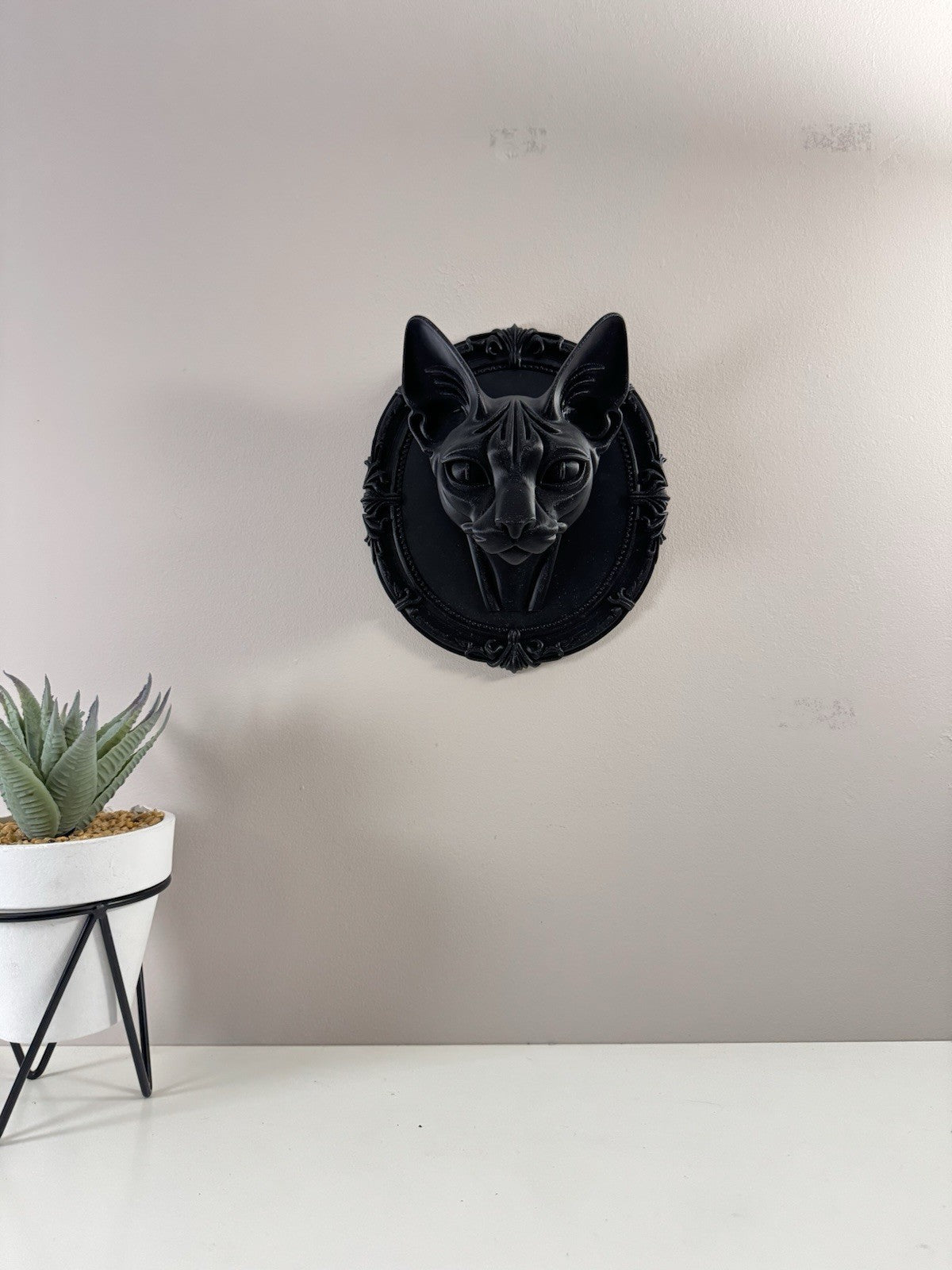 Gothic Black Cat Wall Art - Sphynx Cat Head Frame, Dark Occult Home Decor