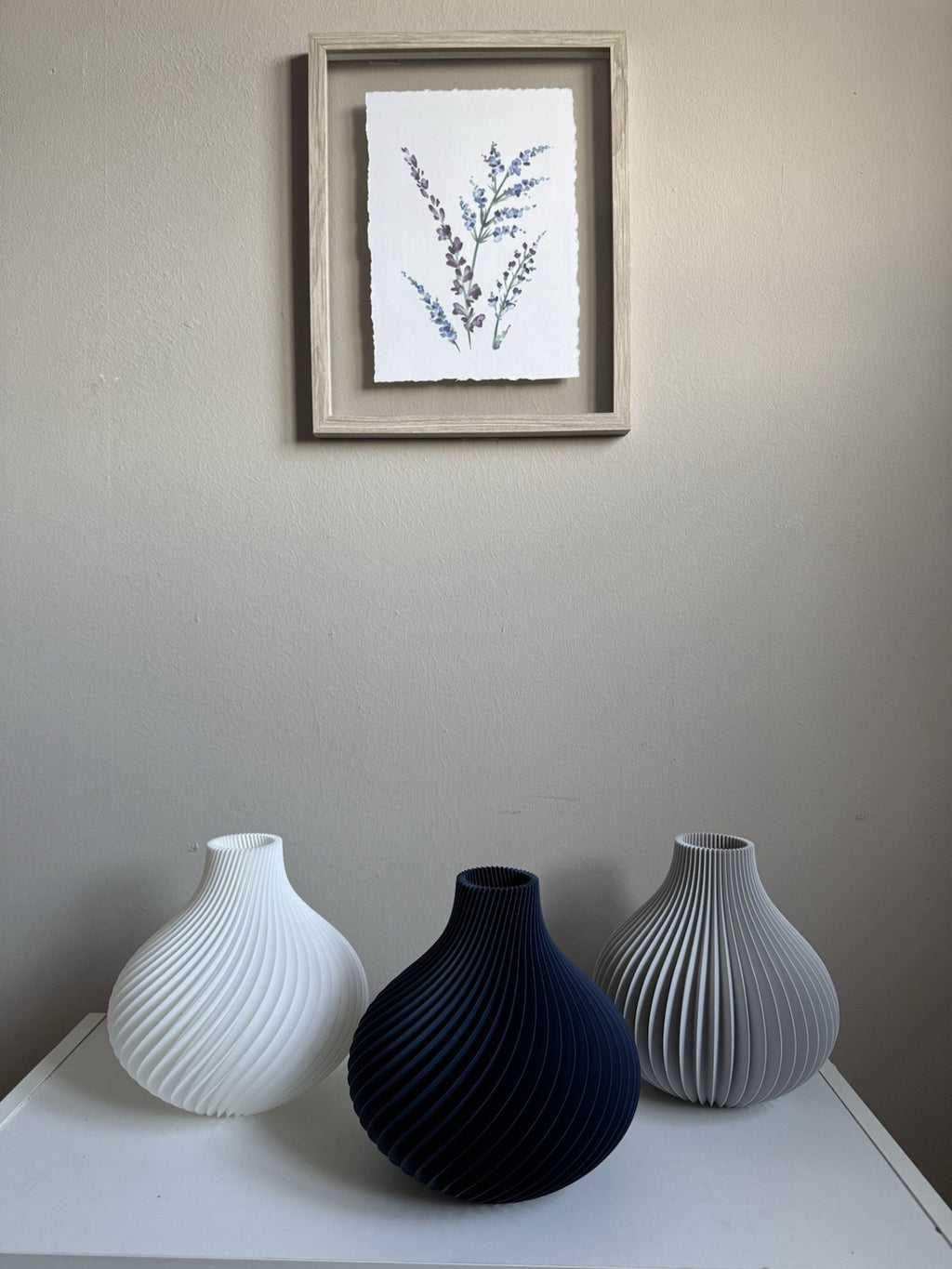 Decorative Vase Set of 3 Modern Ribbed| Minimalist Home Decor Grey, White & Navy
