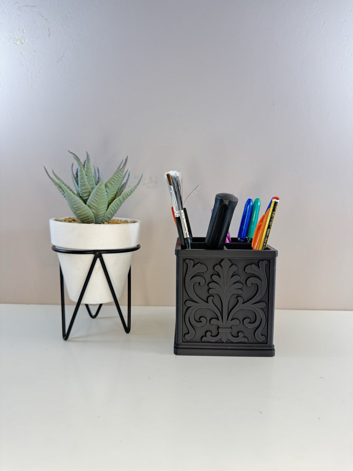 Ornate Desk Organiser | Black Makeup Brush Holder Pen Pot | Gothic Home Decor