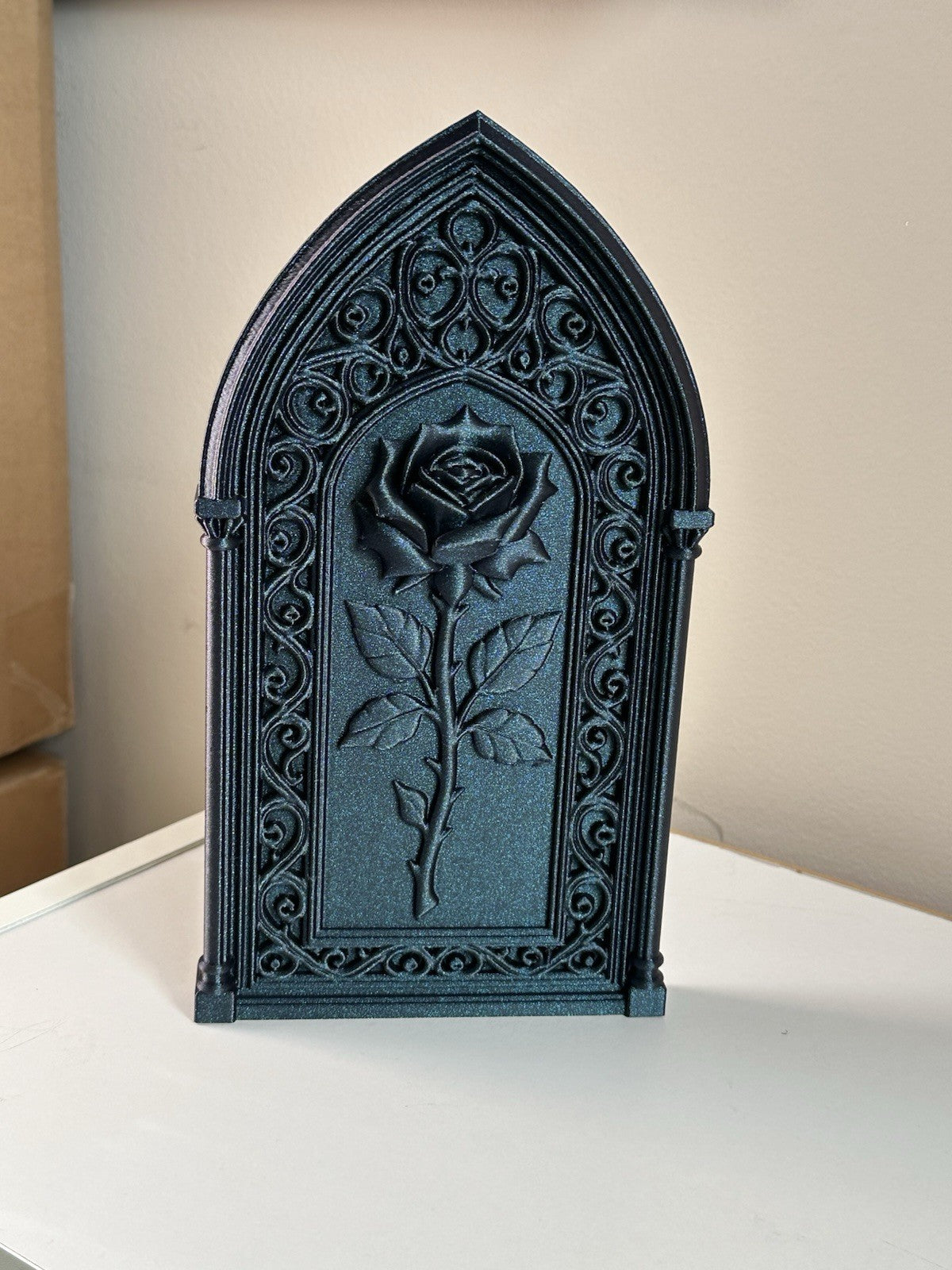 Gothic Rose Wall Decor Panel – Galaxy Black Cathedral Arch Plaque