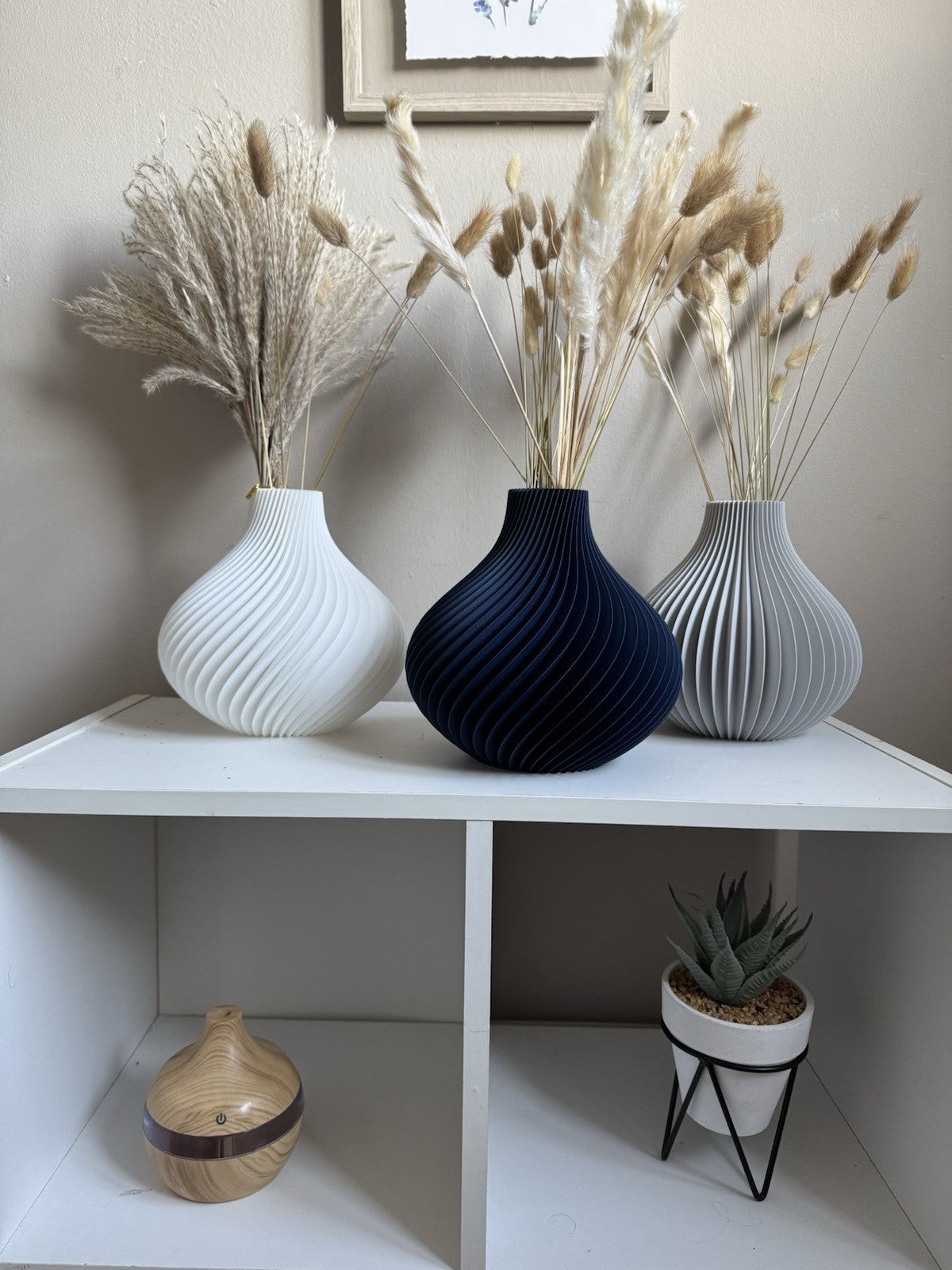 Decorative Vase Set of 3 Modern Ribbed| Minimalist Home Decor Grey, White & Navy