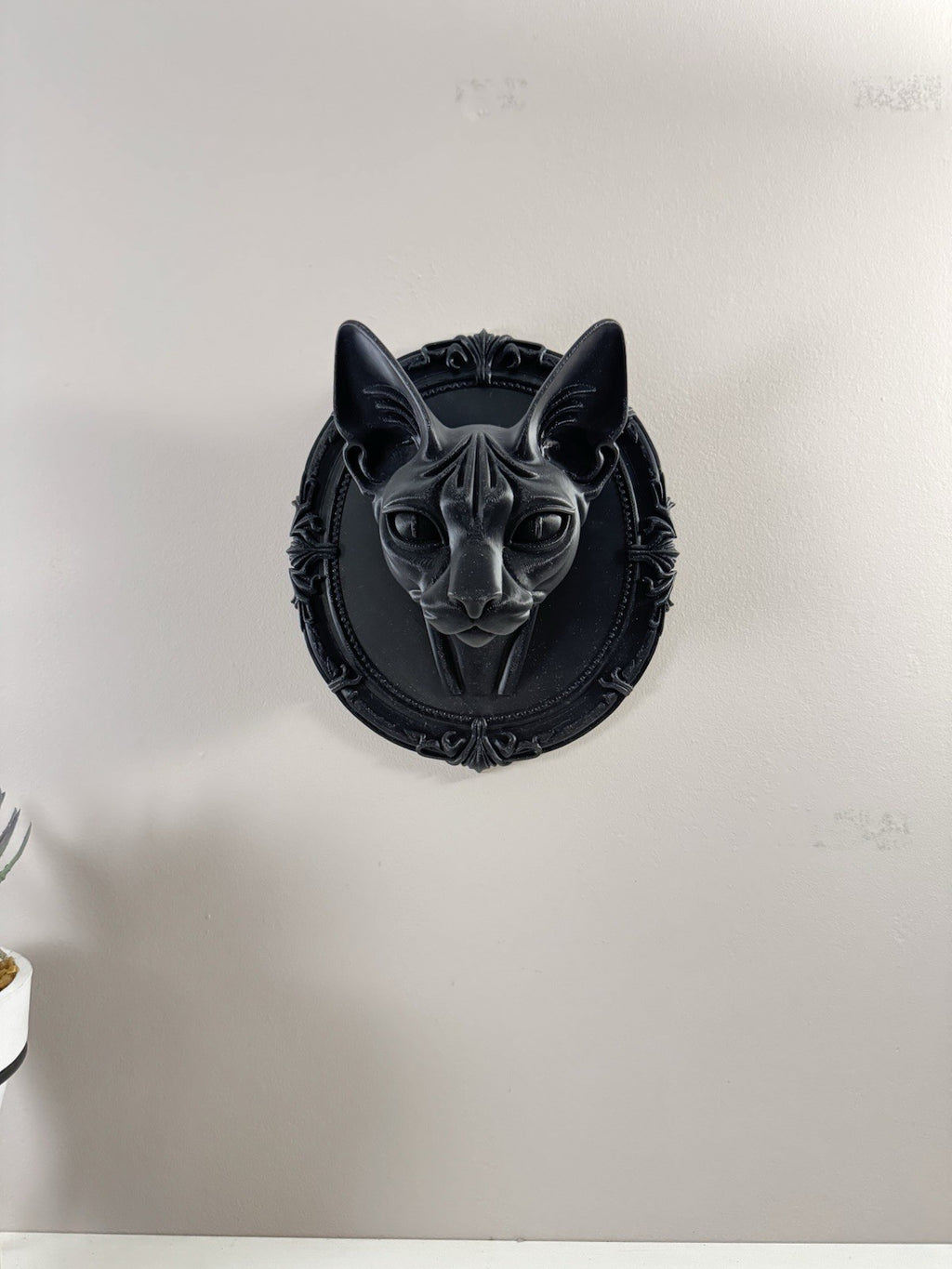 Gothic Black Cat Wall Art - Sphynx Cat Head Frame, Dark Occult Home Decor