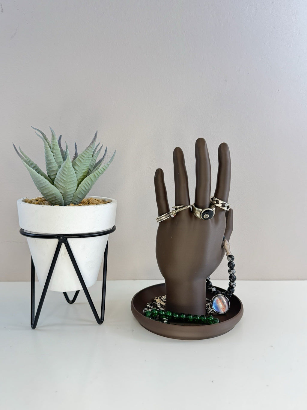 Jewellery Hand Display Stand with Tray | Brown Accessories Holder Home Decor