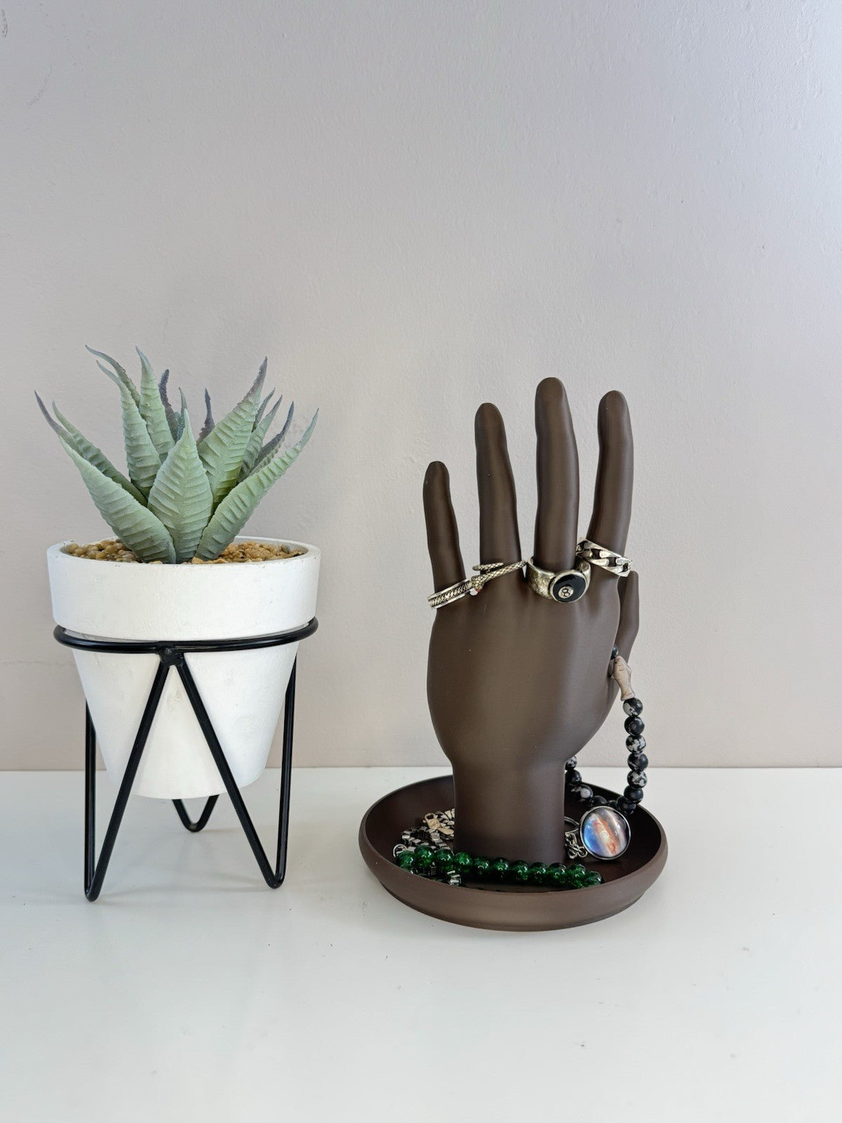 Jewellery Hand Display Stand with Tray | Brown Accessories Holder Home Decor
