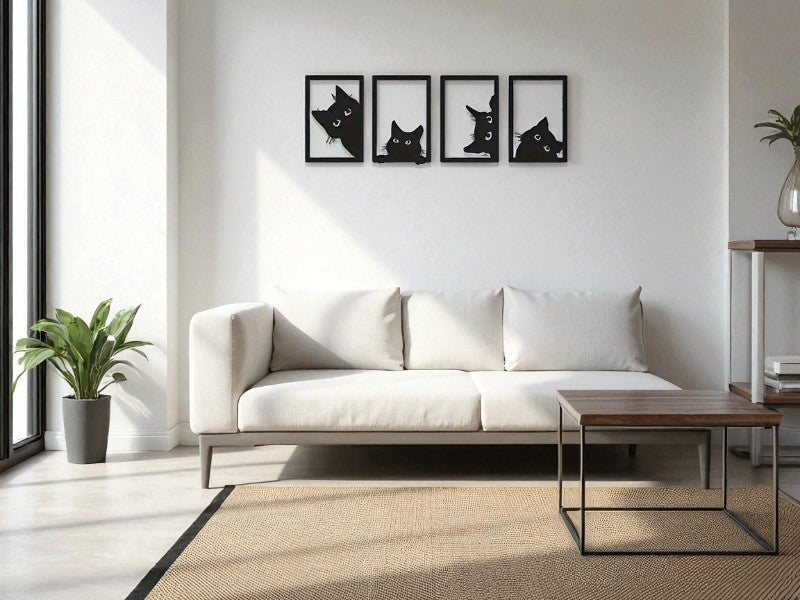 Set of 4 Minimalist Black Cat Wall Art Frames – Modern Home Decor