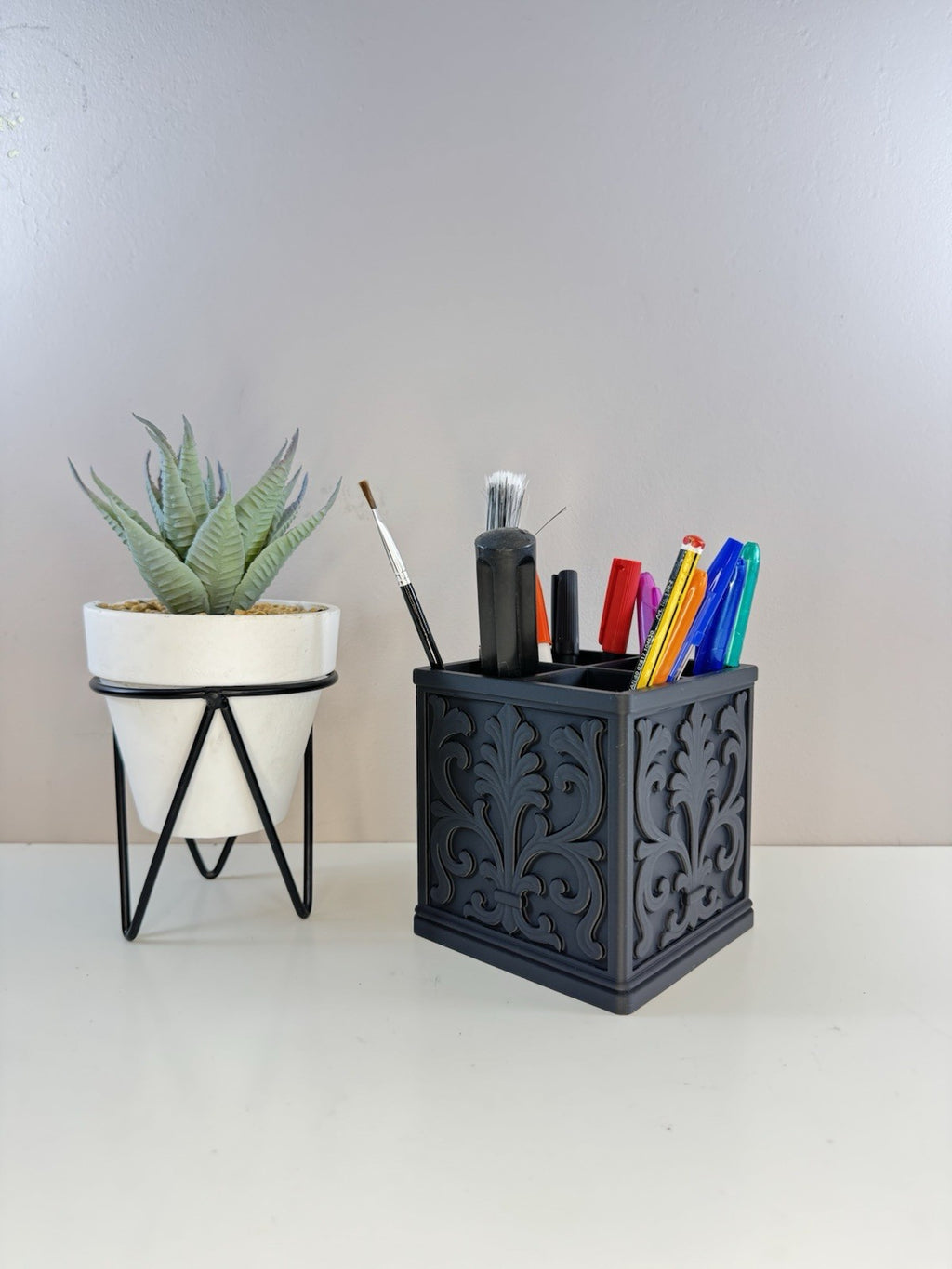 Ornate Desk Organiser | Black Makeup Brush Holder Pen Pot | Gothic Home Decor