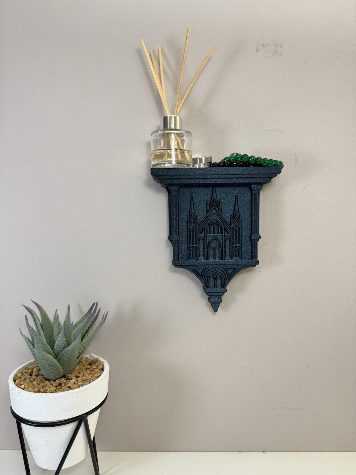 Gothic Wall Shelf Galaxy Black – Cathedral Style Display Ledge Dark Home Decor.