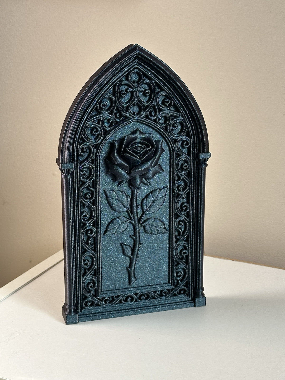 Gothic Rose Wall Decor Panel – Galaxy Black Cathedral Arch Plaque