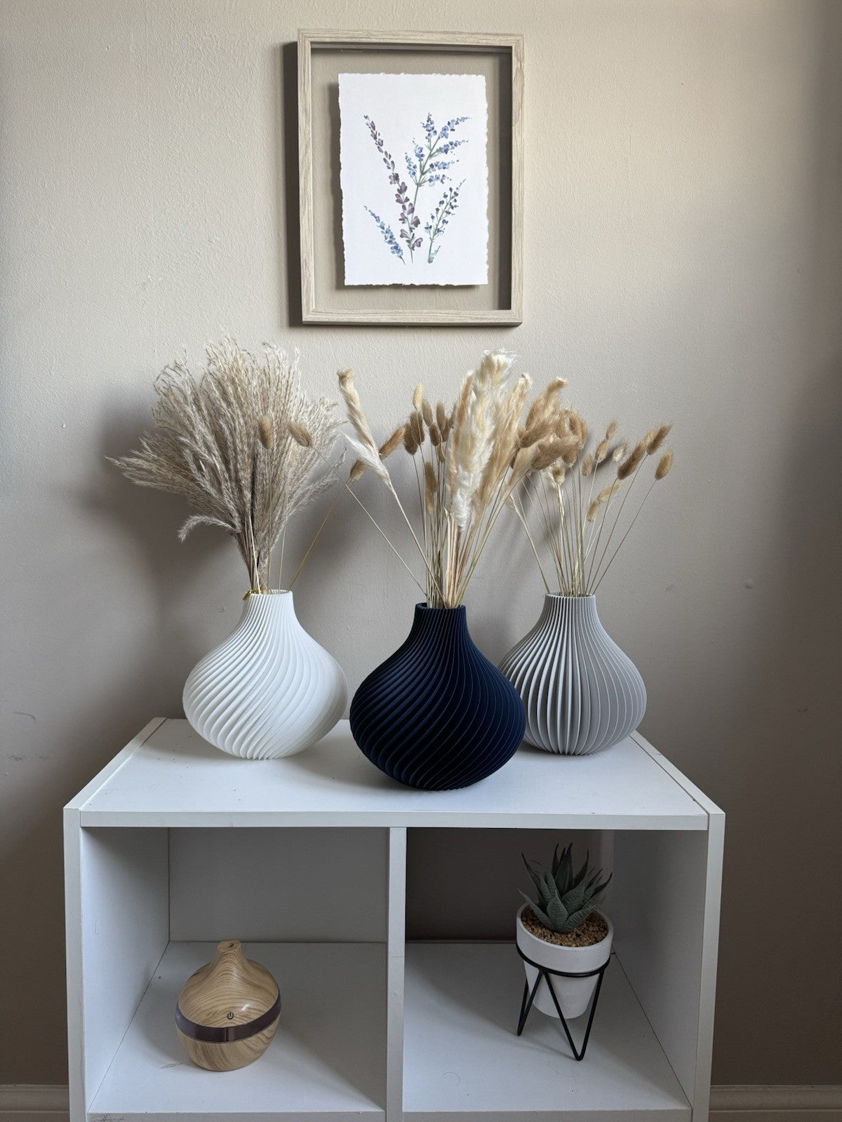 Decorative Vase Set of 3 Modern Ribbed| Minimalist Home Decor Grey, White & Navy