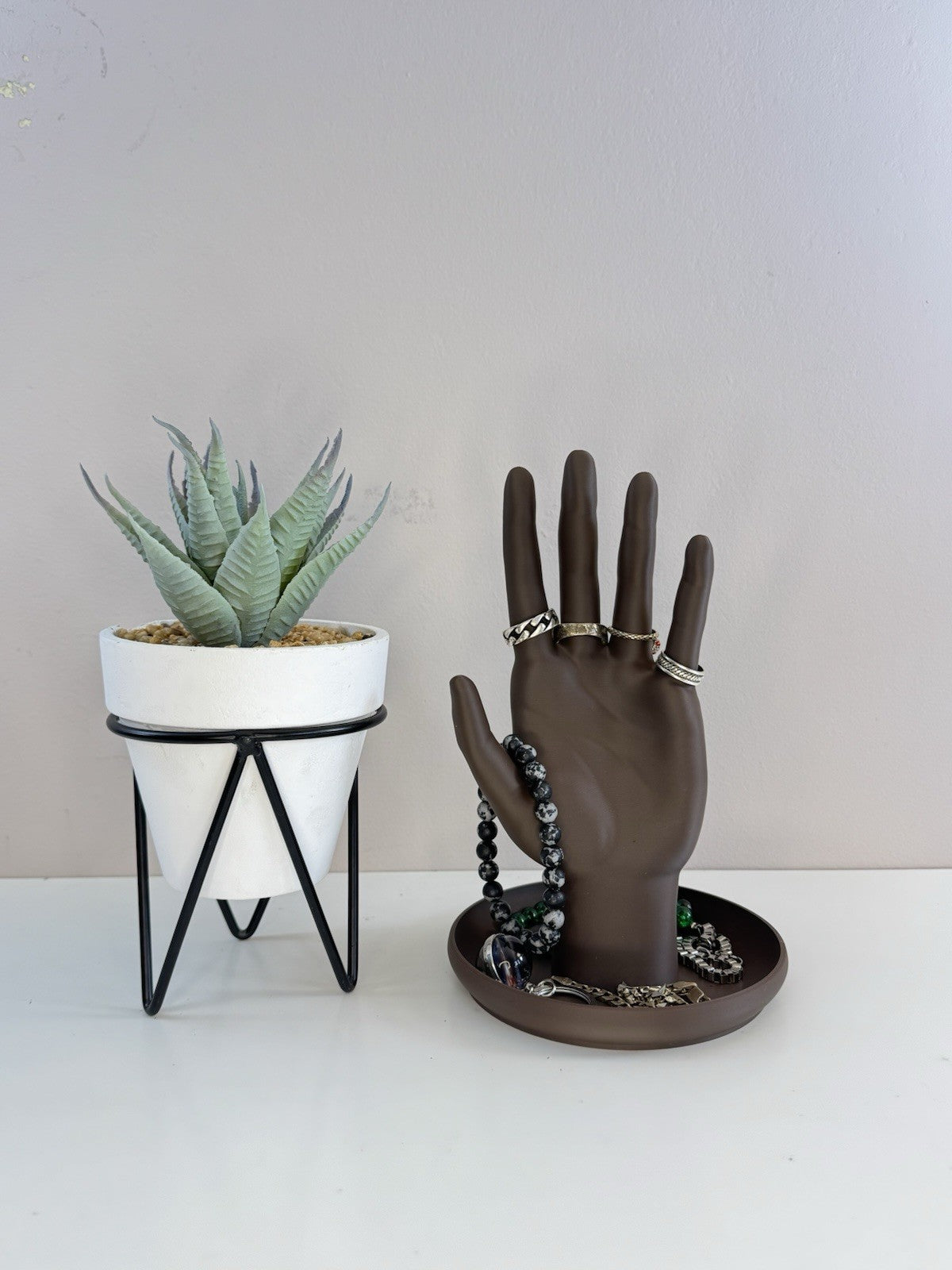 Jewellery Hand Display Stand with Tray | Brown Accessories Holder Home Decor