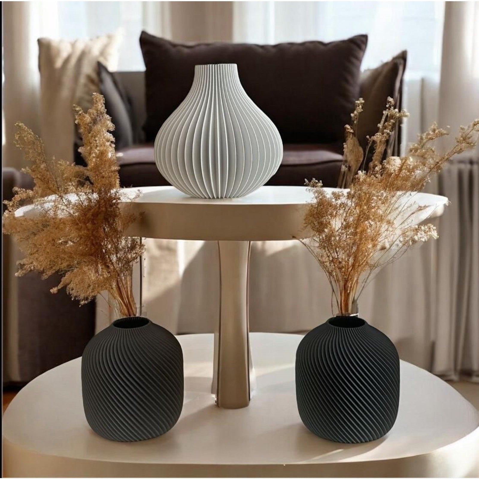 Set of 3 Modern Spiral Vases- Grey & Dark Grey Decorative Vase for Dried Flowers